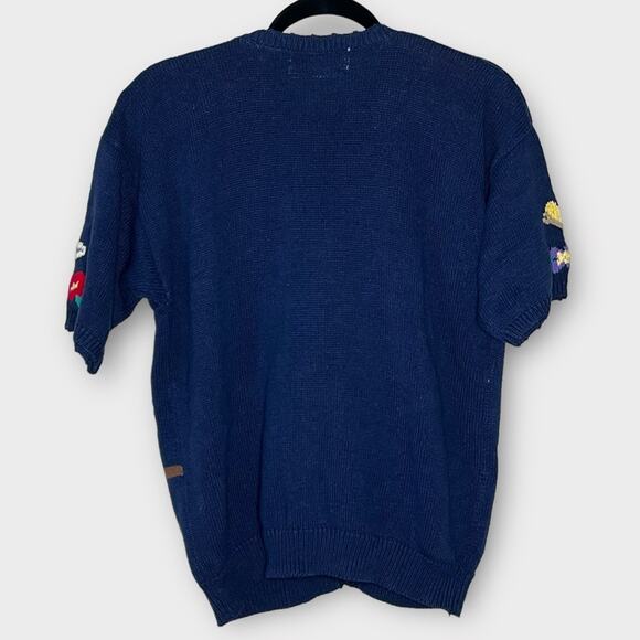 VINTAGE hand embroidered crazy cat lady short sleeve navy sweater size large - Picture 2 of 4